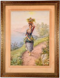 Signed Ferranta Roma Watercolor Painting Of A Woman Holding A Flower Basket (RETAIL $3,800)