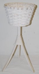 Vintage Wood And Wicker White Painted Plant Stand