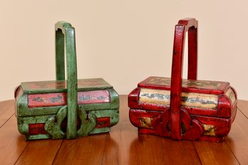 Pair Of Painted Wooden Boxes With Handles