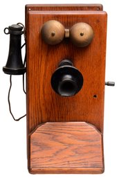 Antique Hand Crank Wall Telephone In Oak Wall Mount Case