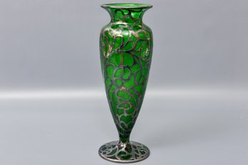 Antique Art Nouveau Emerald Green Glass Vase With Sterling Silver Overlay