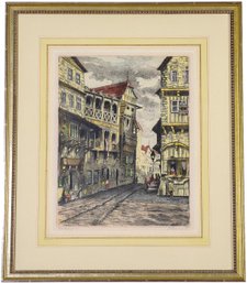 Signed Colored Limited Edition Etching Of A Street Scene