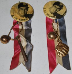 Two Ted Williams 1950-60's Pinback Button With Ribbons And Charms