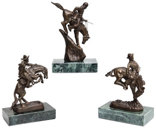 After Frederic Remington (1861-1909) Mountain Man, Bronco Buster And The Outlaw Bronze Sculptures
