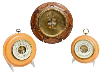 Pair Of Vintage German Wood Barometers And Aneroid Barometer