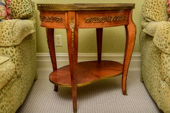 Louis XVI Style French Herringbone Pattern Oval Table With Bronze Gallery And Mounts (RETAIL $2000)