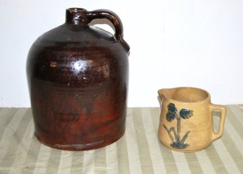 Vintage Stoneware Floral Pitcher And Stoneware Brown Jug.