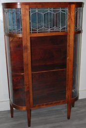 Antique Curved Glass China Cabinet With Leaded Glass And Four Shelves