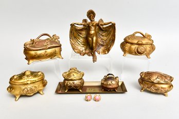 French Art Nouveau Bronze Figural Women Vide Poche, Collection Of Antique Jewelry Casket Boxes And More