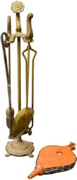 Brass Four Piece Fireplace Tool Set With Stand And Bellow