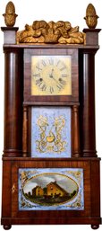 Antique E. & G.W. Bartholomew Empire Gilt Basket Floral Crest Mahogany Reverse Painted Transitional Clock
