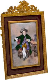 Antique Enamel On Porcelain Framed Portrait In Metal Easel Frame