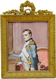 A Framed Portrait Miniature Of Napoleon In His Study In Metal Easel Frame