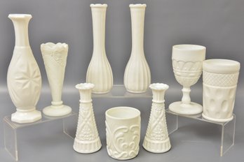 Collection Of Milk Glass Vases, Cups And More