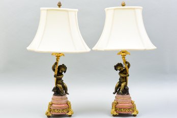 Pair Of Bronze Figural Cherub Lamps With Pink Marble Base (Purchased For $4,000)