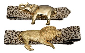 Pair Of Accessocraft NYC Lion And Elephant Design Women's Belt Buckles With Leopard Print Belts