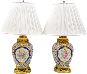 Pair Of Hand Painted Porcelain And Bronze Floral Table Lamps