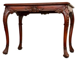 Carved Mahogany Side Table With Center Marquetry Cartouche