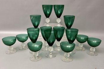 Set Of 15 Morgantown Golf Ball Venetian Emerald Green Blown Glass Water Goblet And Sherbet Glasses