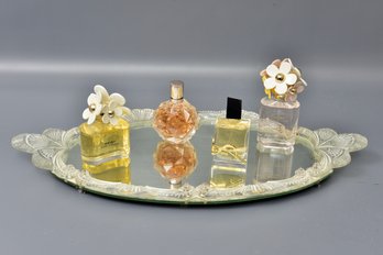 Vintage Mirrored Glass Tray And Collection Of Perfume - YSL, Marc Jacobs And Ariana Grande