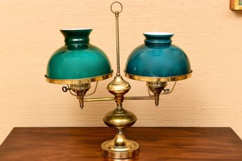 Antique Electrified Brass Double Student Lamp With Green Glass Shades