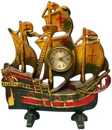 Vintage Cast Iron Ship Sculpture With Clock