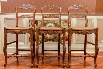 Set Of Three Carved Wood Counter Height Stools With Rush Seats