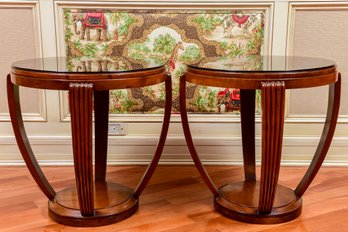 Pair Of Art Deco Style Wood Round End Tables With Glass Top