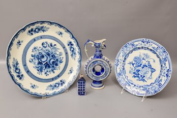 Blue Rose Plate, Ironstone Plate, Delft Blue Miniature House Salt Shaker, Glazed Blue Ring Jug