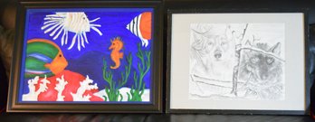 2 Local CT Artist Originals - Blk Framed/ Colorfully Matted 'Under The Sea', Blk Framed Charcoal 'Wolves'