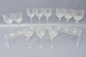 Set Of 11 Vintage Lustre Wine Glasses With Corkscrew Base And Etched Frosted Floral Design
