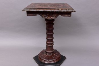 Antique Carved Wood Square Pedestal Accent Table