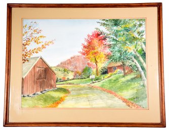 Signed McNett Framed Watercolor Painting Of A Barn And Landscape