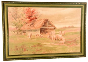 Signed Francis Wheaton N.Y. 1891 Framed Mixed Media Painting Of Sheep On A Farm