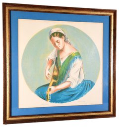 Signed Mario Sportelli Framed Numbered Lithograph Depicting A Woman Playing The Guitar