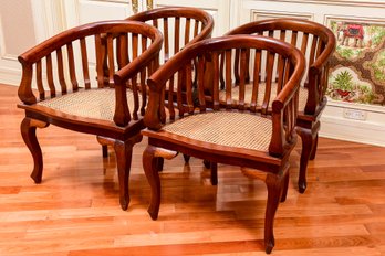 Set Of Four Barrel Back Chairs With Cane Seats And Palm Tree Seat Cushions