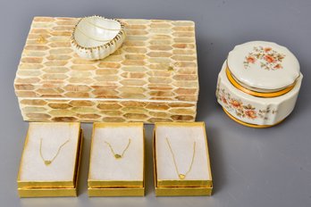 Four Gold Toned Sterling Silver Heart Necklaces, Mother Of Pearl Jewelry Box, Paint A La Main Trinket Box