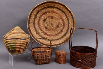 Collection Of Five Hand Woven Baskets - Makenge Marriage Basket, African Coil Basket, Birch Bark Basket