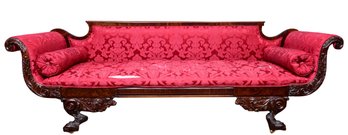 Antique Classical American Empire Carved Flame Mahogany Upholstered Sofa