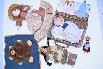 Vintage Dolls - One W/ Supplies In A Plastic Woven Carrying Case & 2 Ethnic Dolls - One On Metal Frame