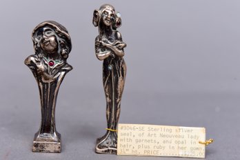 Pair Of Sterling Silver Art Nouveau Figural Seals With Garnets, Opals And Rubies