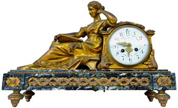 Mid-19th Century French Gilt Bronze Marble Neoclassic Mantle Clock With Porcelain Dial