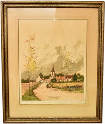 Signed Paul Emile Lecomte (French, 1877-1950) Mixed Media Titled 'Petite Village'