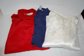 Lot Of 3 Vintage Women's Silky Blouses Red, White And Blue