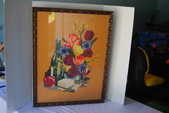 Vintage Embroidered/needwork Wine, Glass & Flowers Picture