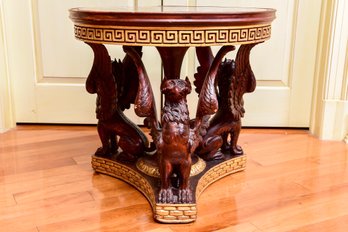 Carved Wood Winged Sphynx Accent Table With Marble Top (Purchased For $3,000)