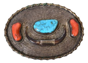 Signed JM Navajo Sterling Silver Turquoise And Coral Belt Buckle With Hawk Claws