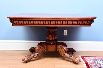 Mahogany Pedestal Table With Hairy Paw Lion Feet On Casters