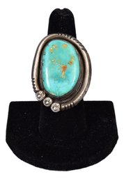 Signed JM Navajo Turquoise Sterling Silver Ring (Size 8)