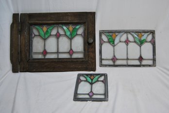 Set Of Three Lead-lined, Stained Glass Windows